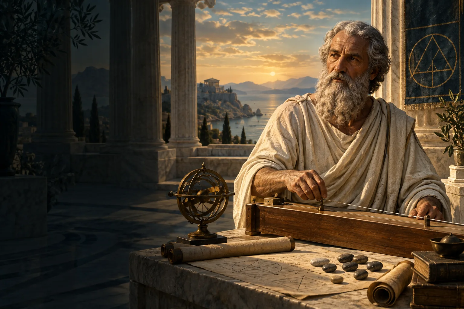 Imagined historical portrait of Pythagoras with a monochord in a Greek colonnade