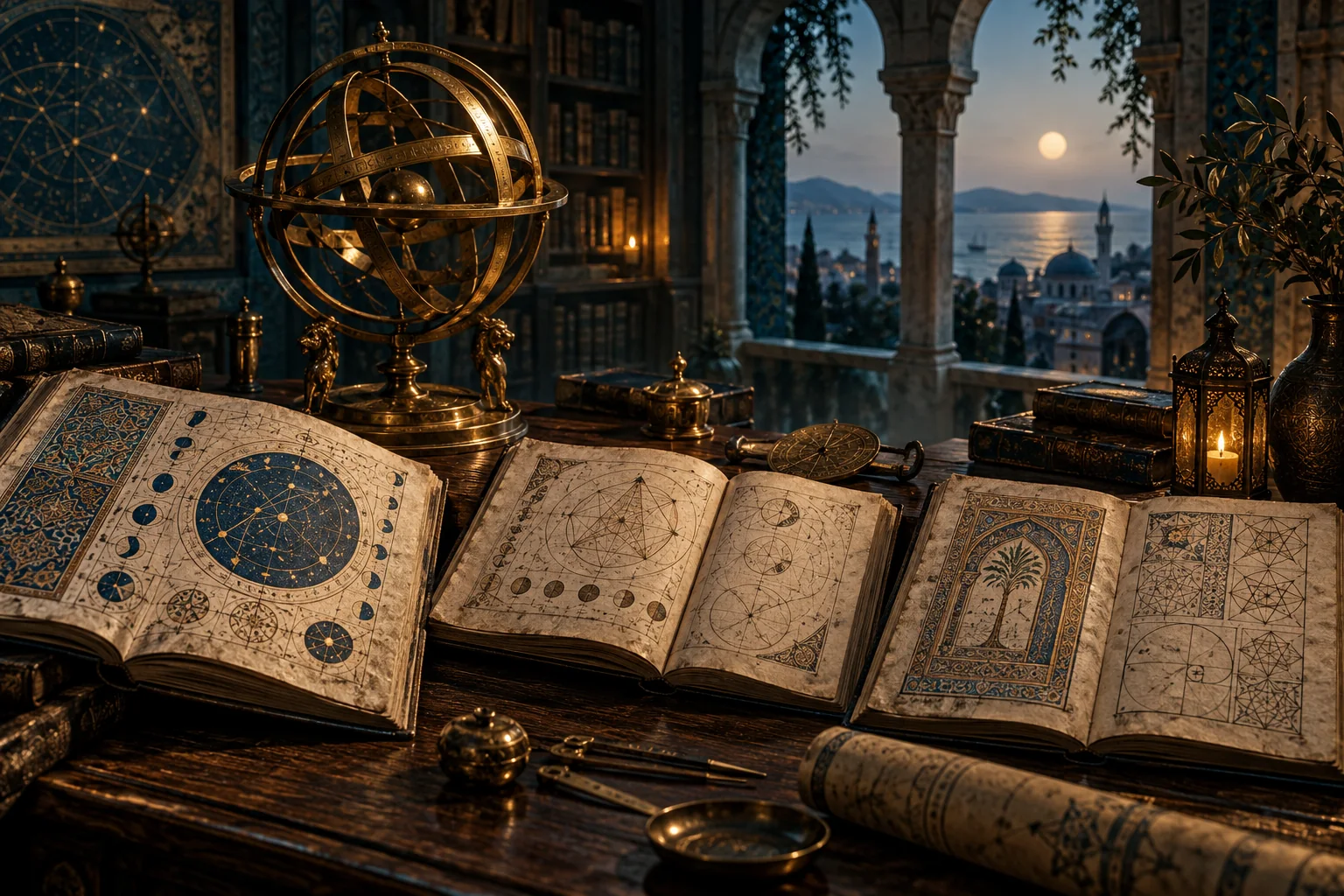 Illustration of old books and instruments in a library